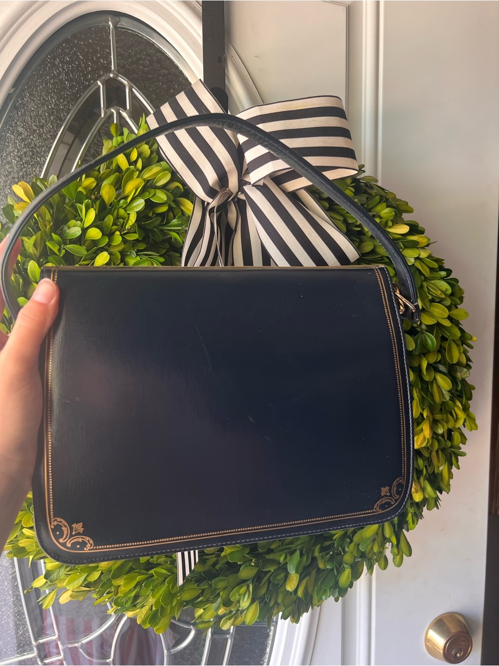Navy Shoulder Bag with Gold Corner Detailing with FLP stamp. Vintage 1950’s